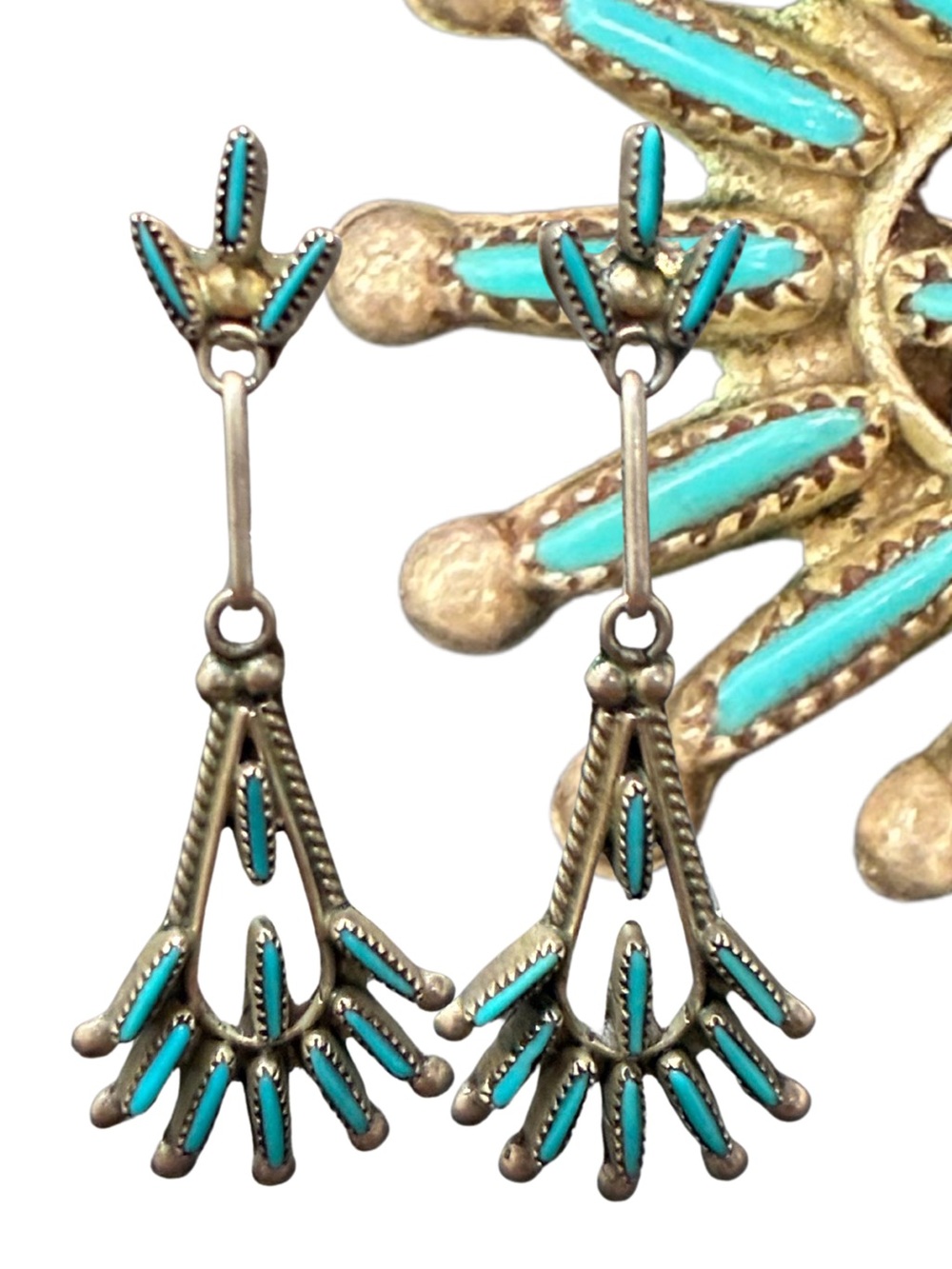 Vintage Zuni Turquoise and Sterling Needlepoint "Petit Point" Earrings